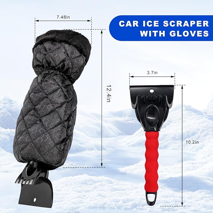 Car Ice Scraper, Auto Windshield Ice Shovel with Warm Thermal Waterproof Glove, Scratch-Free Car Window Snow Scraper Mitt Windproof Winter Cleaning Tool for Most Vehicles (Red)