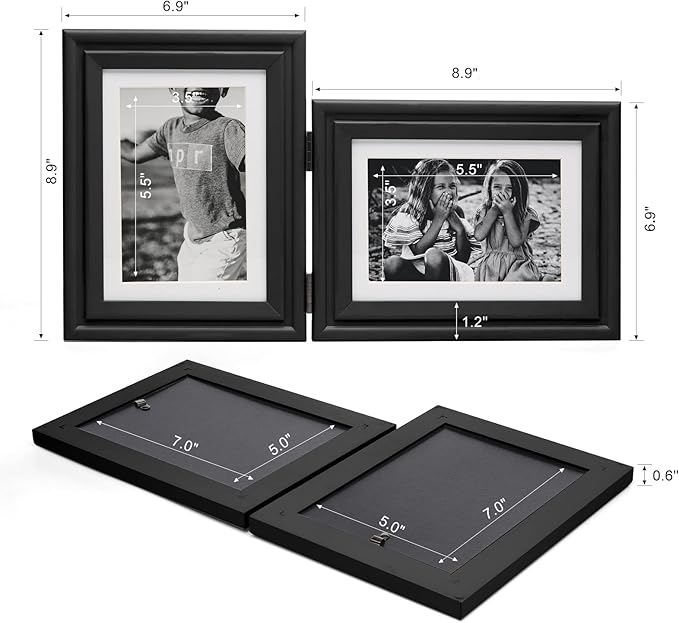Vertical & Horizontal 5X7 Picture Frames Double Hinged Wood Folding Photo Frames with Real Glass Front Fit for Desktop or Tabletop Display Pictures 4x6 with Mat or 5x7 Without Mat, Black