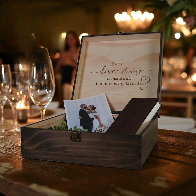 Mr and Mrs Wedding Memory Box -Wooden Keepsake Box with Lid for Couples - Rustic Storage Box for Cards, Photos, Vows, and Mementos – Ideal for Wedding, Engagement, or Anniversary