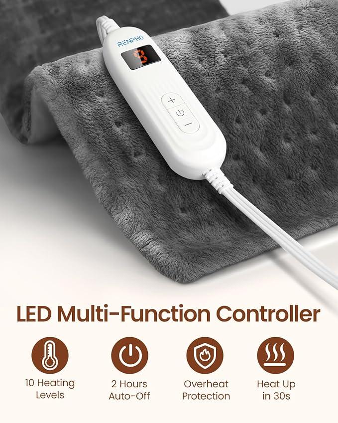 RENPHO Heating Pad for Back Pain & Period Cramps, FSA Eligible & HSA Store, Mothers Day Gifts & Birthday Gifts for Women Men,12" x24‘’ Electric Heat Pad for Neck and Shoulder, ETL Certified, Gray