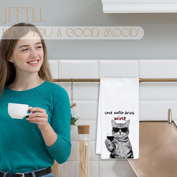 Funny Tabby Cat Kitchen Towels, Cat Lover Mom Dad Gifts Dish Tea Towels, Save Water Drink Wine Lover Gifts Decorative Bar Towel for Bartender Kitchen, 16x24 Inch