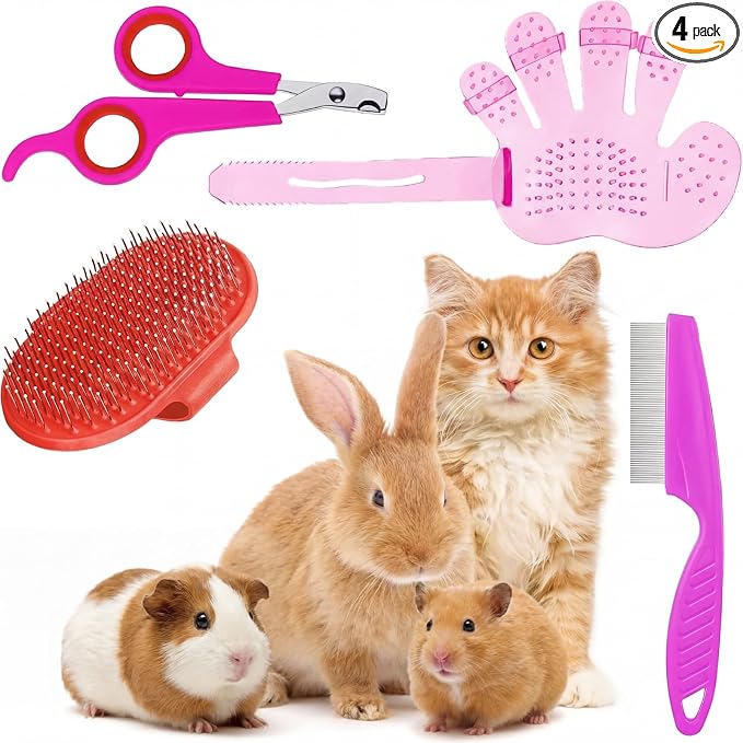 Patelai 4 Pieces Bunny Grooming Kit Rabbit Nail Clipper Rabbit Brush Hair Remover Shampoo Brush with Adjustable Ring Handle for Rabbits Guinea Pig Hamsters Puppy Kitten Hamster Ferret(Pink, Red)