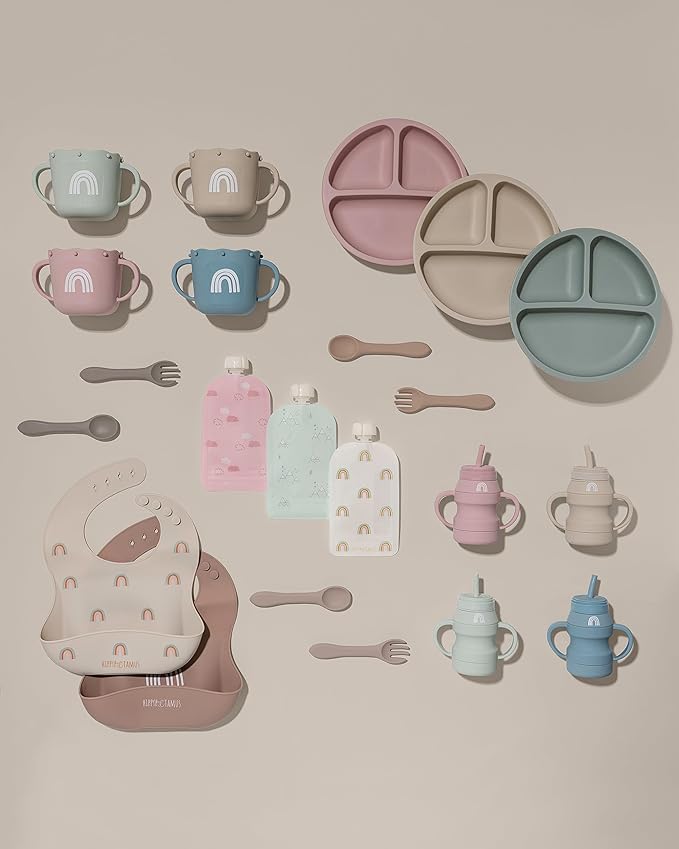Hippypotamus Toddler Plates with Suction - 100% Food-Grade Silicone Baby Plates - Microwave & Dishwasher Safe - BPA Free - Set of 3 (Sage/Blush/Nude)