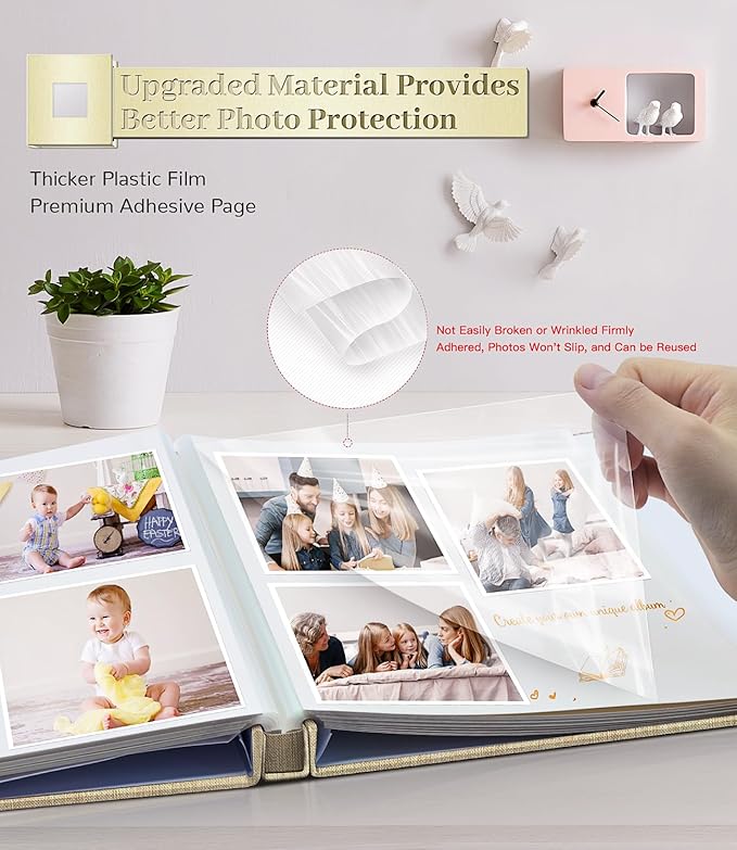 Photo Album Self Adhesive Scrapbook Album for 3x5 4x6 5x7 8x10 Pictures,40 Pages Linen Cover with Display Window DIY Photo Book,Ideal Gifts for Family Travel Wedding Baby