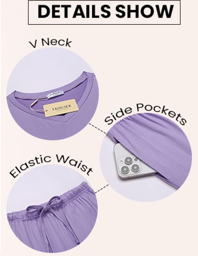 Ekouaer Womens 2 Pack Pajama Set Long Sleeve Pajamas Top and Pants V Neck Pjs Set Soft Loungewear with Pockets