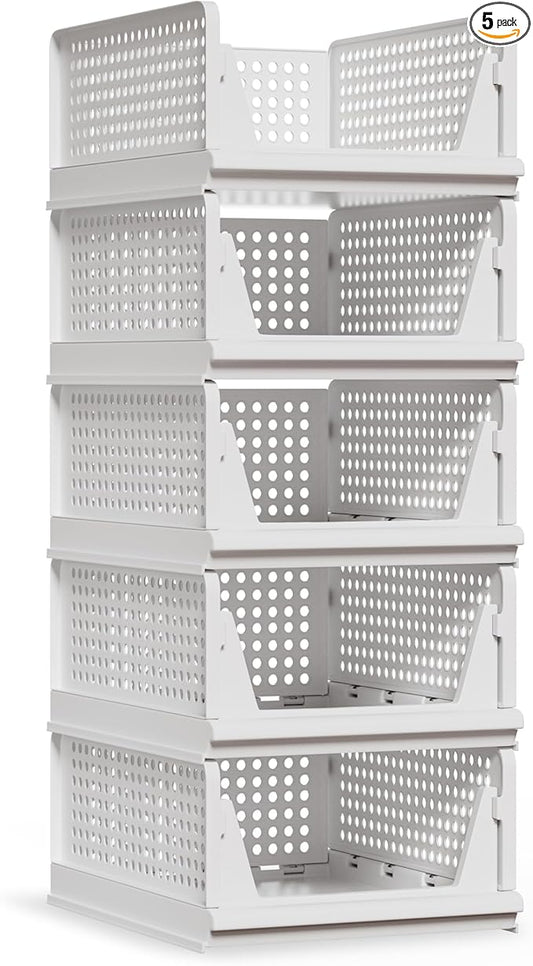 Proarea 5 Pack Stackable Plastic Storage Basket Closet Organizer Bin Foldable Clothes Organizer Storage Drawer Shelf Container for Living Room Bathroom Kitchen Office (5L)