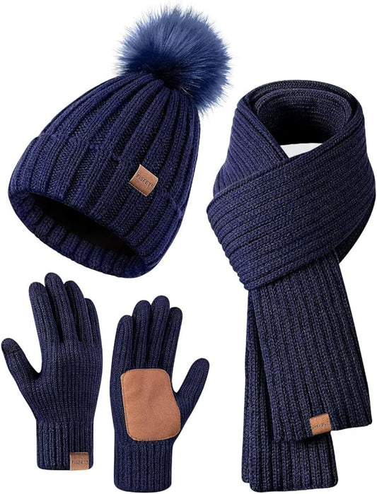 Winter Beanie Hat Scarf Gloves Set for Women, Womens Beanie with Pom Pom Long Scarf Neck Warmer Touchscreen Gloves 3 in 1 Set