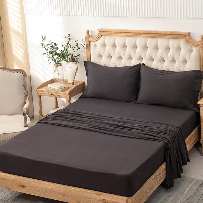 PURE ERA Jersey Knit 4pc Bed Sheet Set 100% T-Shirt Cotton Super Soft Comfy Breathable Fits Mattress Up to 20" Extra Deep Pocket (Solid Deep Brown, King)