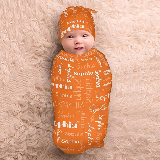 Newborn Swaddle Blankets Hat Name Lettering Orange Sets Soft Baby Receiving Blanket Swaddle Sack for Baby Shower Infant Boy Girl Gift