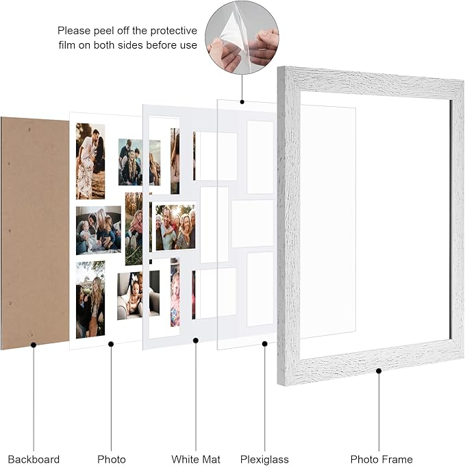 17x17 Picture Frame Display 9 opening 4X6 Picture Frame Collage,Multi Photo Frame with Mat,Plexiglass,Wall Mount Decor,Distressed White Wood Grain