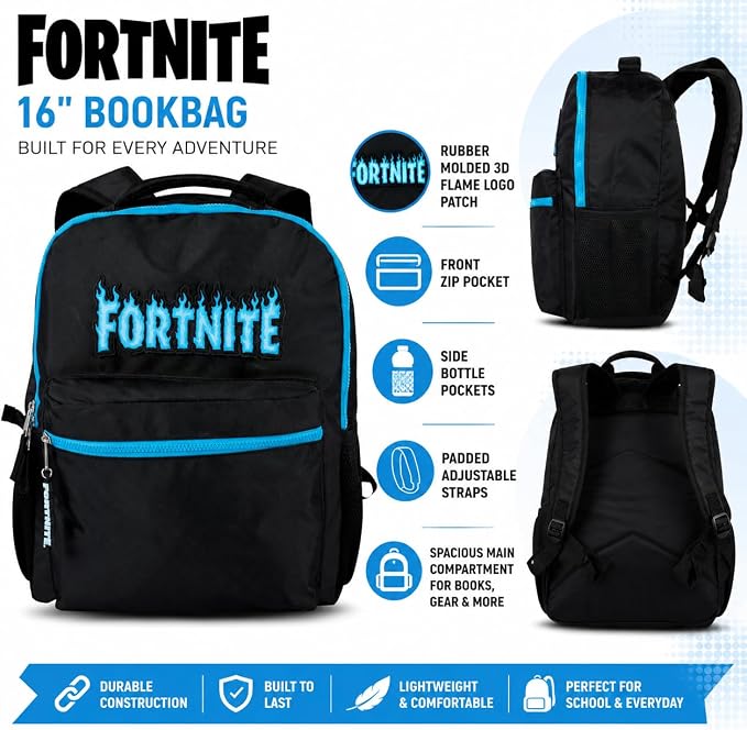 Fortnite Backpack for Kids & Adults, 16” Bookbag with Fortnite Rubber Molded Flame Logo 3D Patch & Rubber Logo Dangle, Black