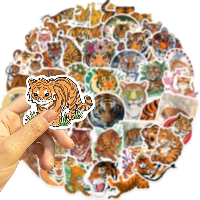 50Pcs Tiger Sticker, Cute Tigers Stickers for Kids Teens Adults, Vinyl Cartoon Animals Decals Kawaii Sticker for Decor Water Bottles Laptops Guitar Scrapbook