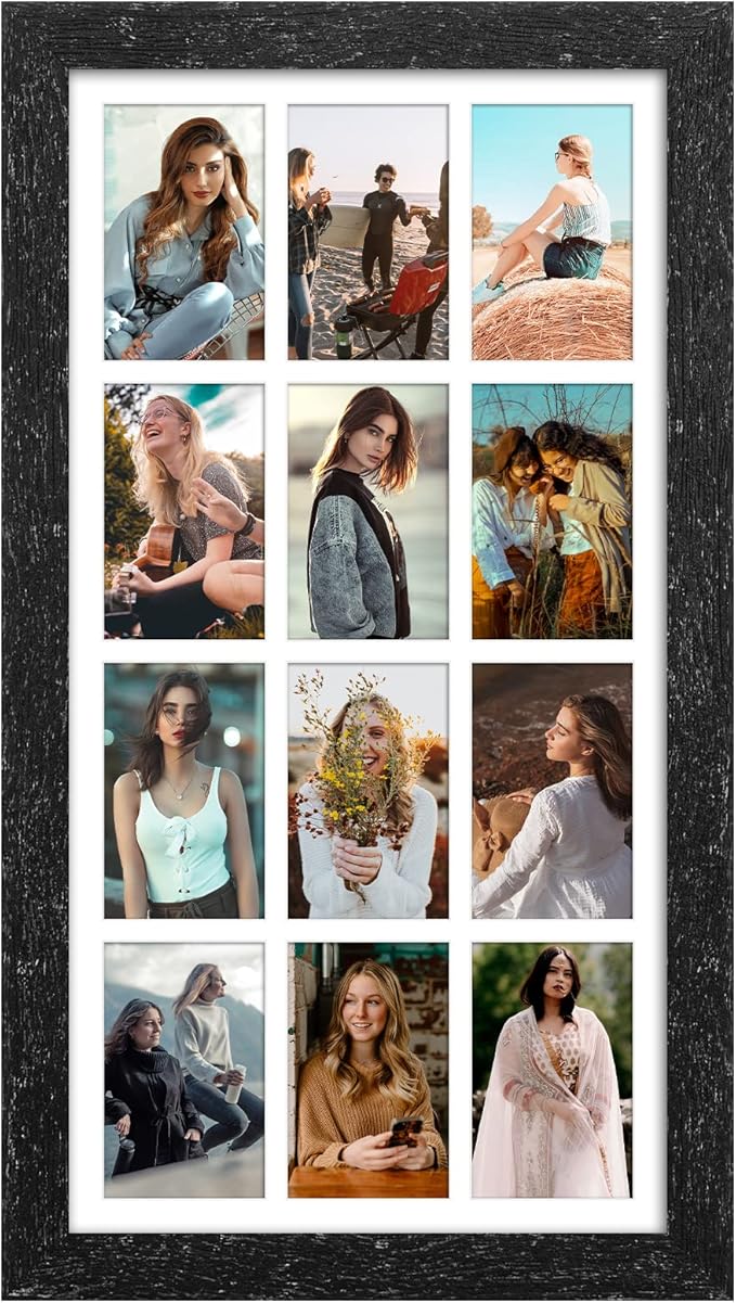 13x25 Picture Frame Display 12 opening 4X6 Picture Frame Collage,Multi Photo Frame with Mat,Plexiglass,Wall Mount Decor,Black Wood Grain