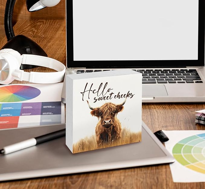 Highland Cow Bathroom Decor Sign, Hello Sweet Cheeks Wooden Box Signs, Highland Cow Gifts For Women Lovers,6x6