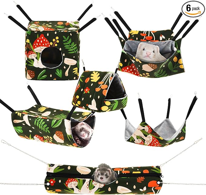 6 Pack Small Animal Hammock Set, Ferret, Guinea Pig, Rat Hanging Bed & Hideout Tunnel, Cozy Washable Cage Accessories for Hamster, Chinchilla, Sugar Glider