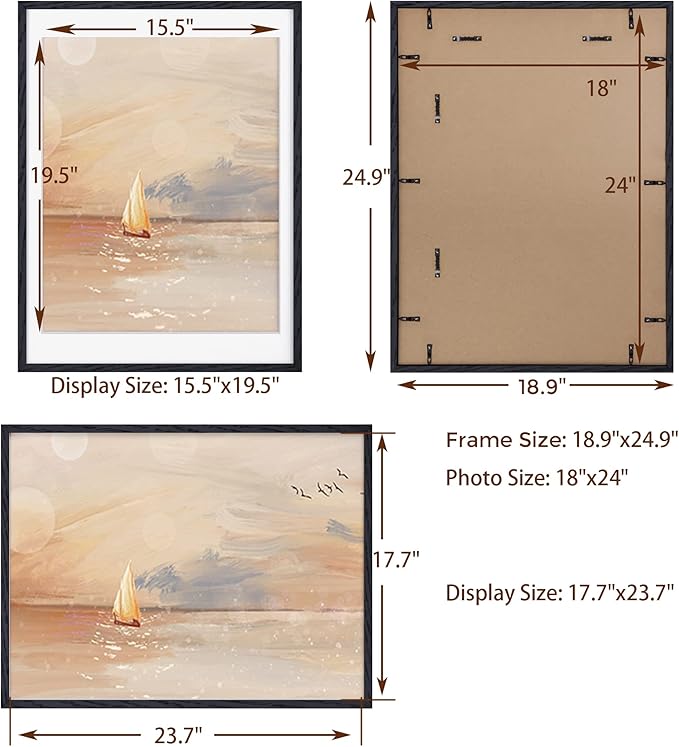 Fun Memories 18x24 Picture Frame Black, Rustic Oak Wood 18 x 24 Poster Frames, Tempered Glass, 18x24 Frame with Mat for 16x20, Minimalist Wood 18 by 24 Frames, 18"x24" Art Frame, 1 Pack