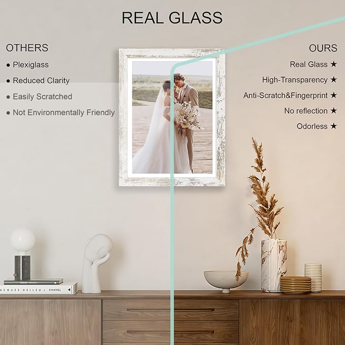11x15 Picture Frame Set of 4, Made of Real Glass and Distressed White Frame - Display Picture 10x14 with Mat or 11x15 Without Mat, 11 by 15 Photo for Wall Mounting