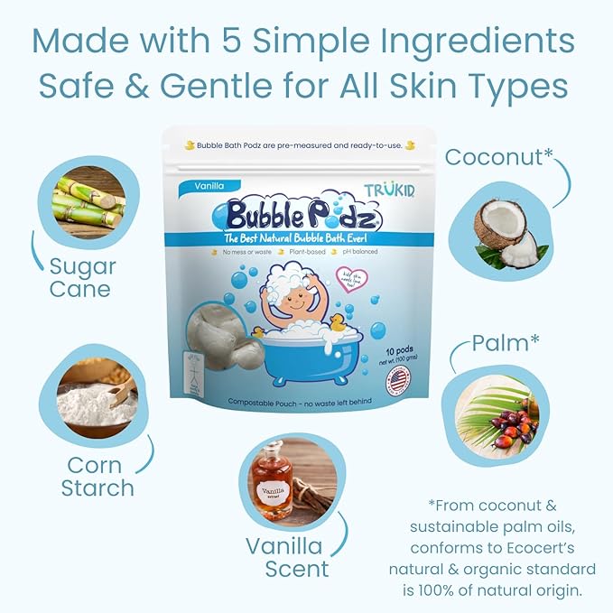 TruKid Bubble Podz Bubble Bath for Kids, Toddlers, & Babies, Tear Free Gentle & Refreshing Bath Bomb for Sensitive Skin with Natural Moisturizers, Non-Toxic, pH Balanced, Vanilla Scent (60 Podz)