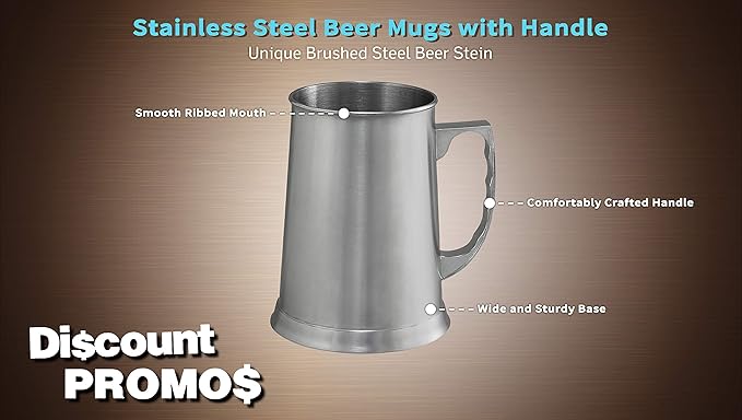 DISCOUNT PROMOS Stainless Steel Beer Stein Mug 13.5 oz. Set of 6, Bulk Pack - Great for Restaurant, Brewery, Pub - Silver
