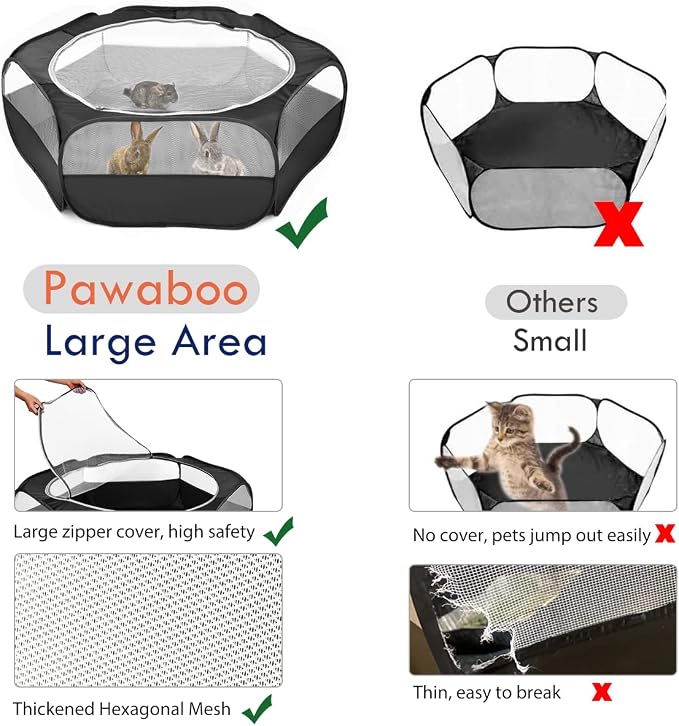 Pawaboo Small Animal Playpen with Zippered Cover, Black | Portable pop-up pet tent for supervised rabbits, guinea pigs, chicks and kittens; water-resistant bottom and 3 metal rods