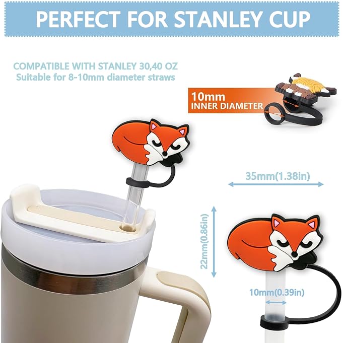 Animal Straw Toppers For Stanley Cups;Straw Covers Cap Toppers Compatible With Stanley 30&40 Oz Tumbler, Reusable & Silicone Tumbler Straws Topper For 0.4 Inch Tips Animal Lover Gifts (Fox)
