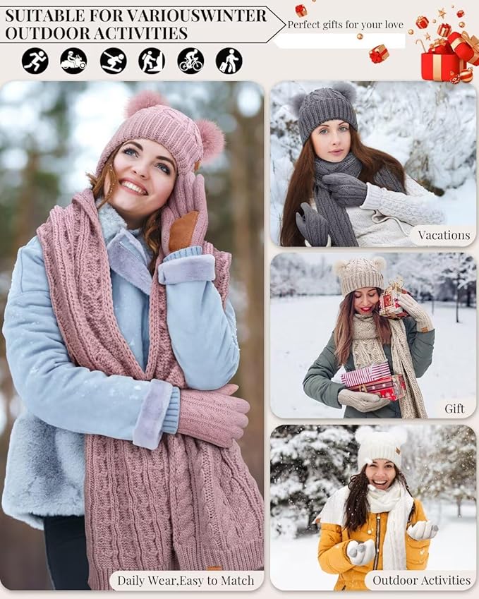 Winter Hat Scarf Glove Set for Women, Fleece Lined Beanie with Double Pom Pom, Touchscreen Gloves Knit Scarf for Cold Weather