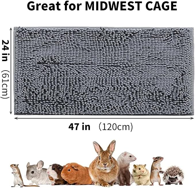 Guinea Pig Fleece, 47x24 in Cage Liner, Washable Non-Slip Mat（Grey） | Chenille fleece, absorbent 3-layer design, non-slip TPR backing, machine washable, for small animal cages