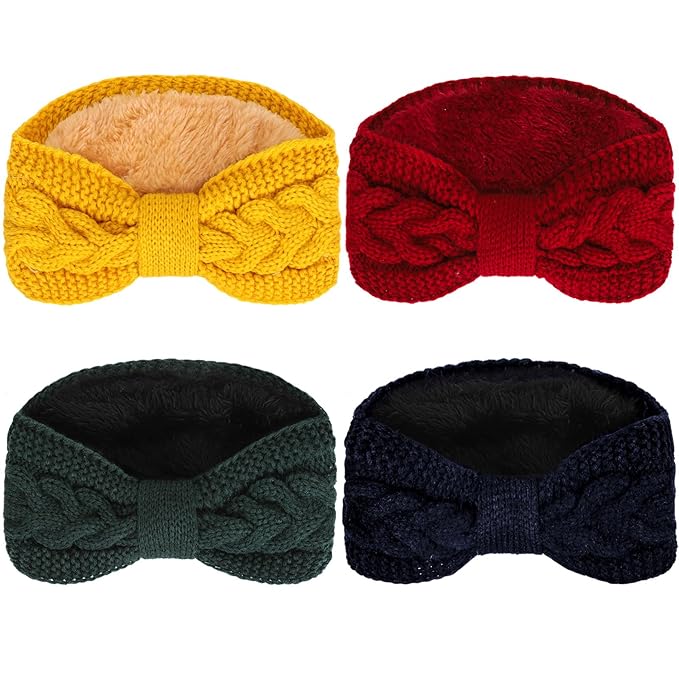 Whaline 4 Pack Twisted Knit Headband Winter Knotted Head Wrap Fuzzy Lined Headband Thick Crochet Turban Ear Warmer Elastic Hair Band Accessories for Women (Yellow, Green, Navy Blue, Red)