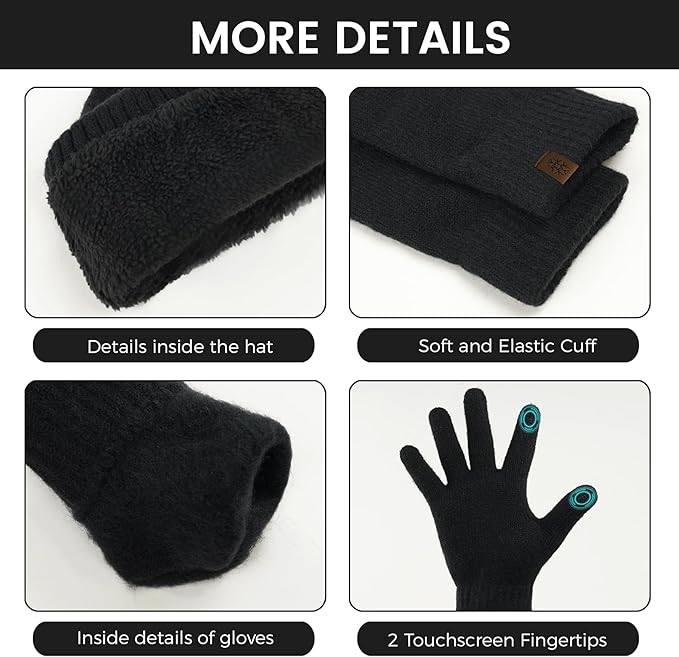 Womens Winter Beanie Hat Scarf Gloves Set, Knit Touch Screen Gloves Long Scarf Skull Caps Fleece Lined Winter Gift
