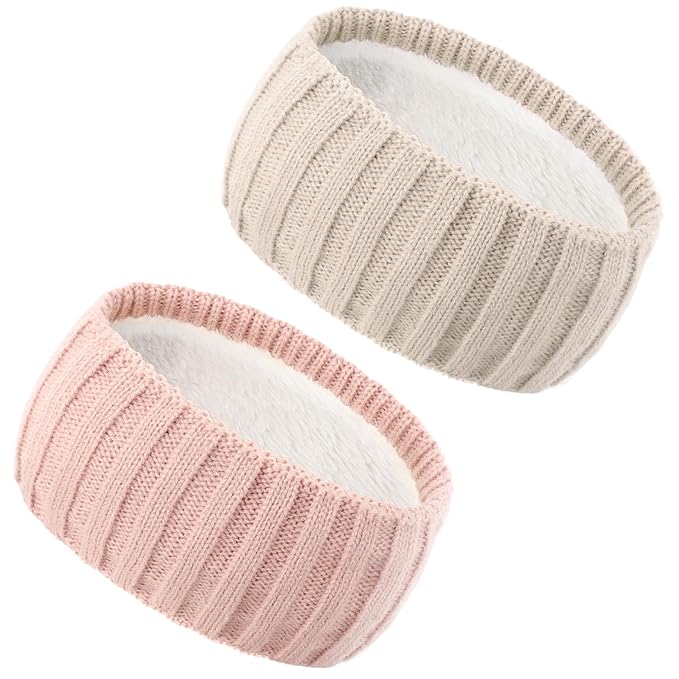AQOKKA Knit Winter Headbands for Women Fuzzy Wool Fleece Lined Ear Warmers Elastic Turban Crocheted Head Wrap Winter Accessories for Women Cold Weather