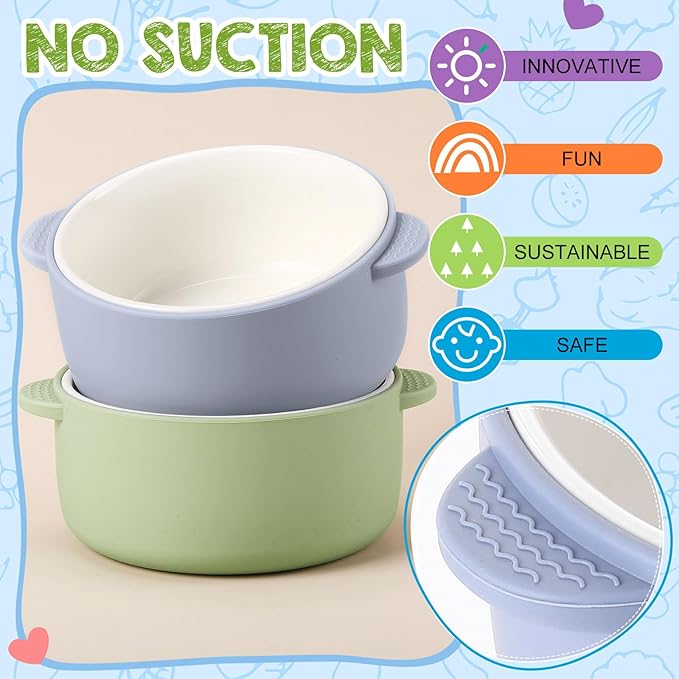 Domensi 2 Sets Kids Porcelain Bowls with Removable Silicone Sleeve 2-in-1 Porcelain Toddler Bowls Microwave Dishwasher Safe Cereal Snack Soup Dishes for Baby Children Feeding Supplies (Green Blue)