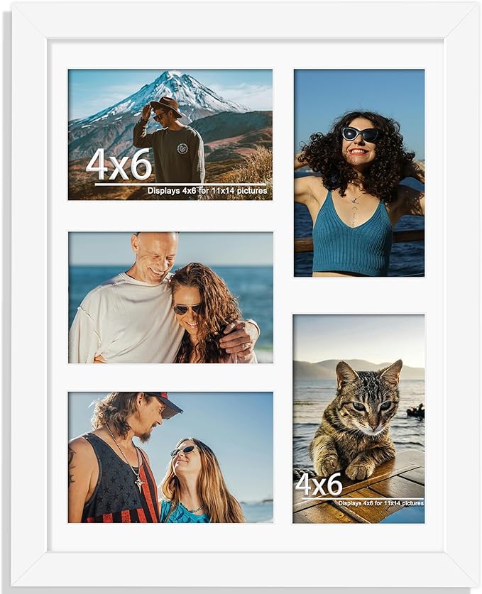 11x14 Collage Picture Frame, 4x6 Collage Picture Frame, Displays Five 4x6 inch Photos, or 11x14 (Without Mat) Wall Decor Wall Hanging or Tabletop, White.