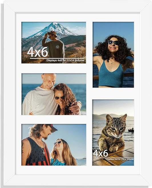 11x14 Collage Picture Frame, 4x6 Collage Picture Frame, Displays Five 4x6 inch Photos, or 11x14 (Without Mat) Wall Decor Wall Hanging or Tabletop, White.