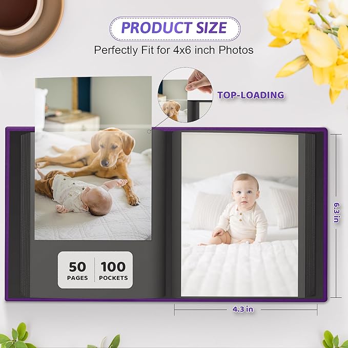 Popotop Photo Album 4x6 100 Pockets with Leather Hardcover Cover, Small Photo Album Holder Book with 50Pcs Pages for Family Travel Wedding Baby Gifts