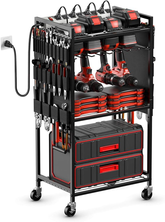 JUNNUJ Large Power Tool Organizer Cart with Charging Station, Garage Floor Standing Rolling Drill and Tools Battery Storage Cart on Wheels, Heavy Duty Rack Shelf with 8 Outlet 10 FT Power Strip, Black