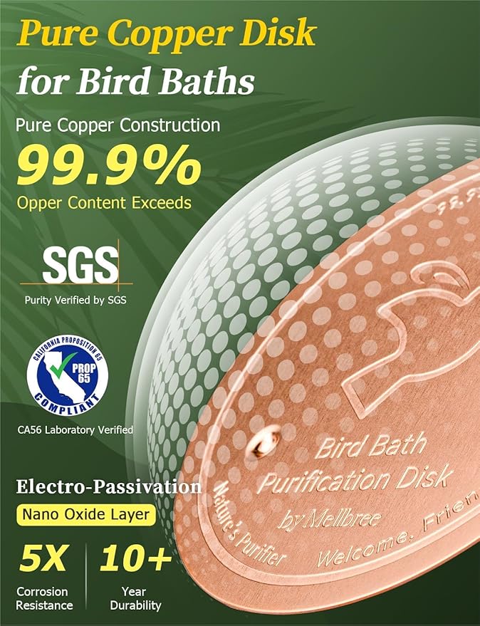 Mellbree 2-Pack Bird Bath Copper Disk, 0.6mm Reinforced 99.99% Pure Copper Cleaning Disk with Triple-Point Support for Physical Safe Clean Water All-Season, Universal Fit for Outdoor Birdbaths, Bowl