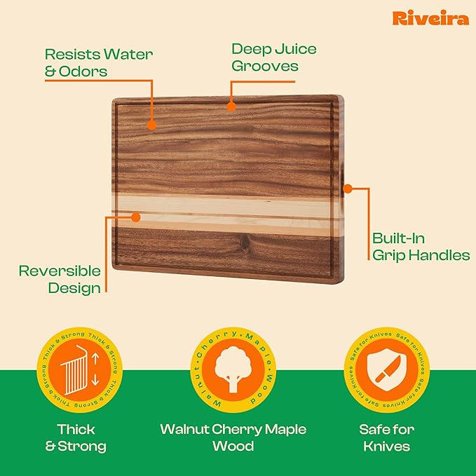 Riveira Premium Maple/Cherry/Walnut Wood Cutting Board – Versatile and Durable: Set Of 3 Pcs Rectangular Wooden Cutting Board – Natural Wooden Cutting Boards For Kitchen - Complete Cutting Boards