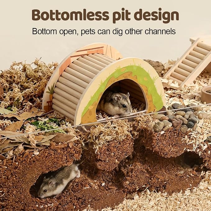 DONGKER Small Animal Hideout, Wooden Gerbil Shelter with Open Bottom for Hamster Hedgehog Reptile Burrowing and Resting