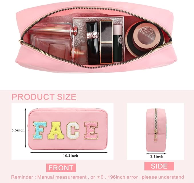 DYSHAYEN Nylon Cosmetic Bag Preppy Face Care Makeup Bag for Women Travel Toiletry Organizer with Chenille Letter Patches (Pink-FACE)