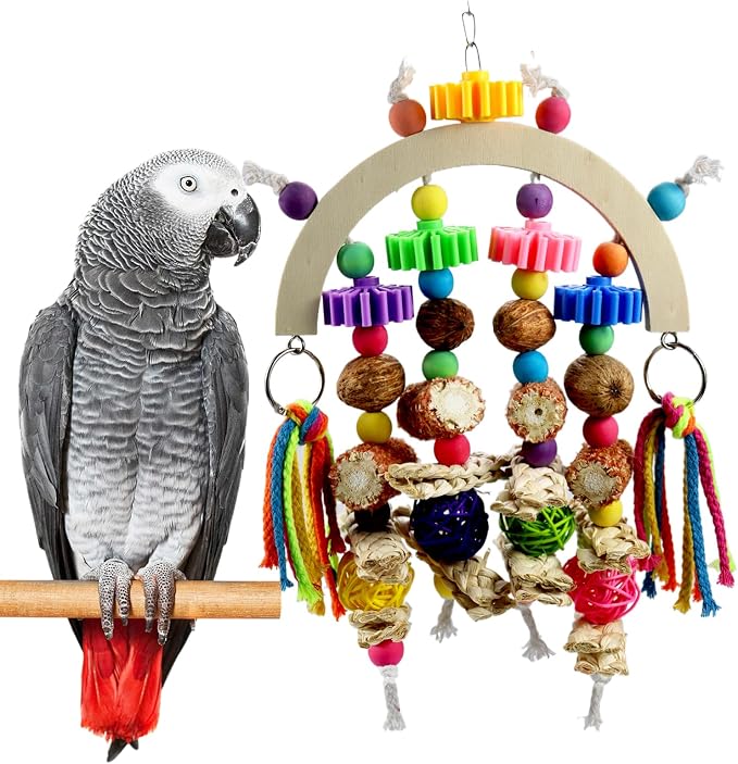 Corn cob and wooden mango combination natural wooden parrot chew toy | Colorful gear beads and ropes, safe to bite and relieve boredom, are ideal cage decorations for medium to large parrots