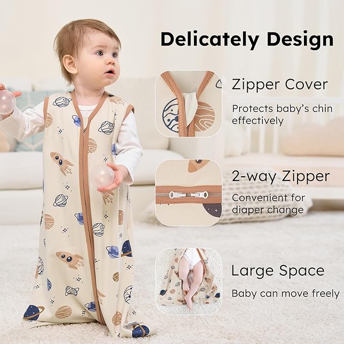 Baby Sleep Sack 12-18 months, 100% Cotton Sleeping Sack for Newborn and Infant, 3 Pack Baby Wearable Blanket for Boy and Girl, 0.5 Tog Lightweight Double Zipper Sleep Bag Coffee Dinosaur Planet
