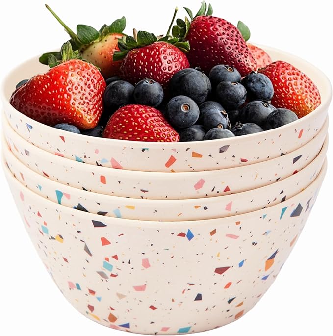 Bamboo Bowl Set of 4 – 6 Inch 20 oz Durable Deep Cereal and Snack Dishware for Kids and Toddlers – BPA Free, Dishwasher Safe, Lightweight Alternative to Plastic or Ceramic (Confetti Design)