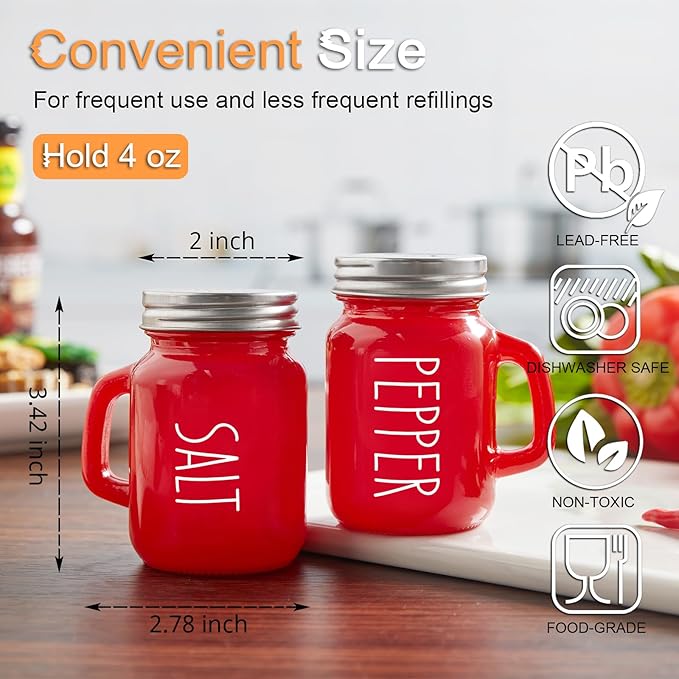 Red Salt and Pepper Shakers Set, ZOSUJO 4 oz Cute Modern Glass Christmas Red Shaker Sets with Stainless Steel Lids, Red Kitchen Decor and Accessories for Home Restaurants Weddings