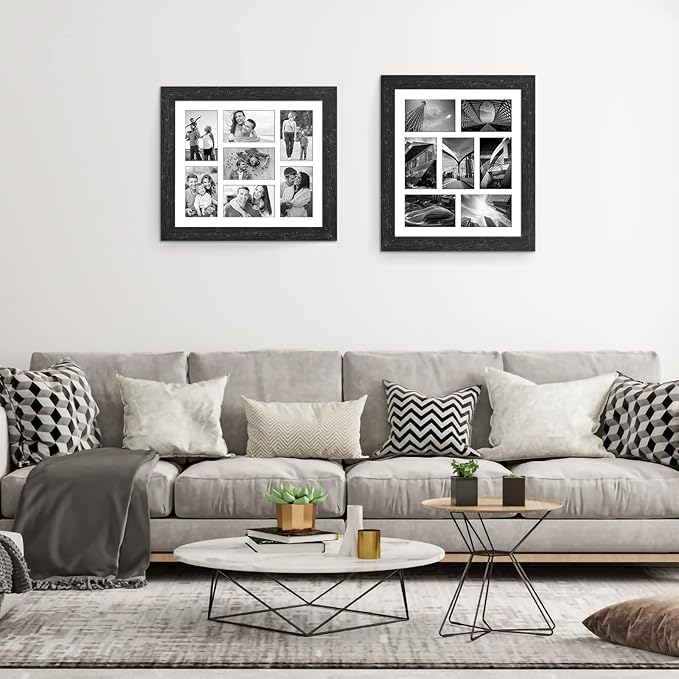 13.5X15.5 Picture Frames Collage with 7 Openings 4X6 Pictures, Multi Photo Frame with Mat for Wall Hanging Decor,Black Wood Grain