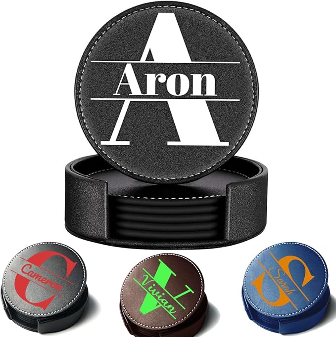 Custom Name Coasters, Personalized Set of 5 Leather Coaster with Holder, Customize Split Monogram, Non-Slip Heat Resistant Waterproof for Coffee Table Bar Beer Wine Cup Housewarming Wedding Party Gift