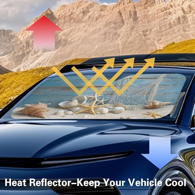 Coastal Starfish Shell Windshield Sun Shade Foldable Universal Car Front Windshield Shade Sun Protector Reflector Sunshade Offers Ultimate Protection for Car Interior for Most Cars SUV