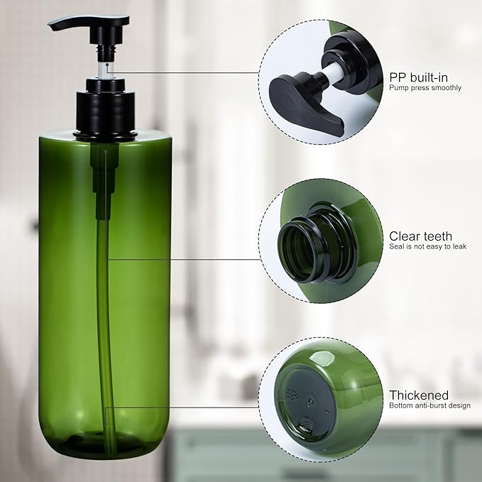 Yebeauty Pump Bottle, 2 Pack 17oz/500ml Modern Lotion Dispenser Stylish Shampoo Bottles Thick Shower Soap Dispenser Empty Shampoo Container for Body Wash Bathroom Kitchen Travel, Clear-Green