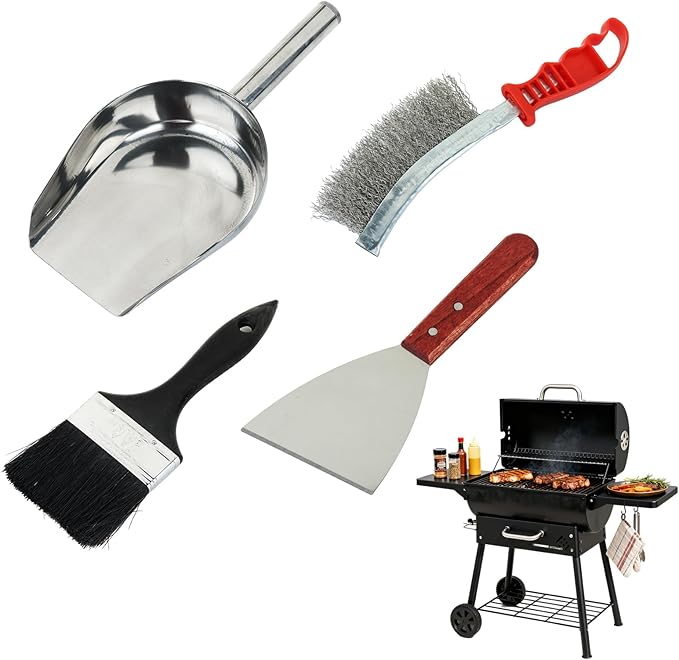 Grill Ash Cleaning Pellet 4-Piece Kit（Metal Material Durability） Includes Wire Brush，Ash Shovel，Bristle Brush，Angled Shovel，Effortlessly Removes Stubborn Grime & Collects Ash Debris