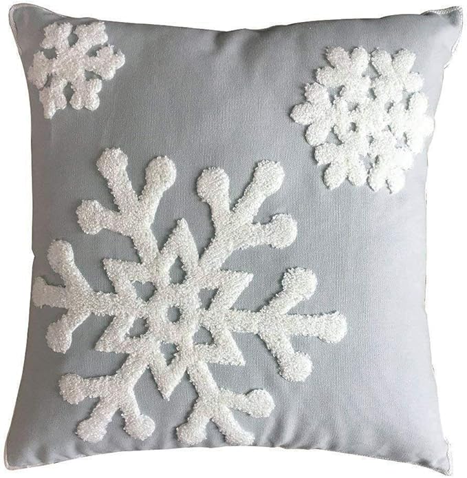 Elife Soft Square Christmas Snowflake Home Decorative Canvas Cotton Embroidery Throw Pillow Covers 18x18 Cushion Covers Pillowcases for Sofa Bed Chair (1 Pair, Grey)