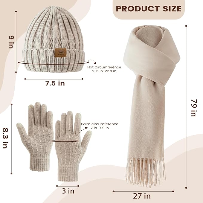 Women Winter Hat Beanie+Long Scarf+Touch Screen Gloves Set, Warm Clothes Set with Knit Fleece Lined for Women/Men Winter